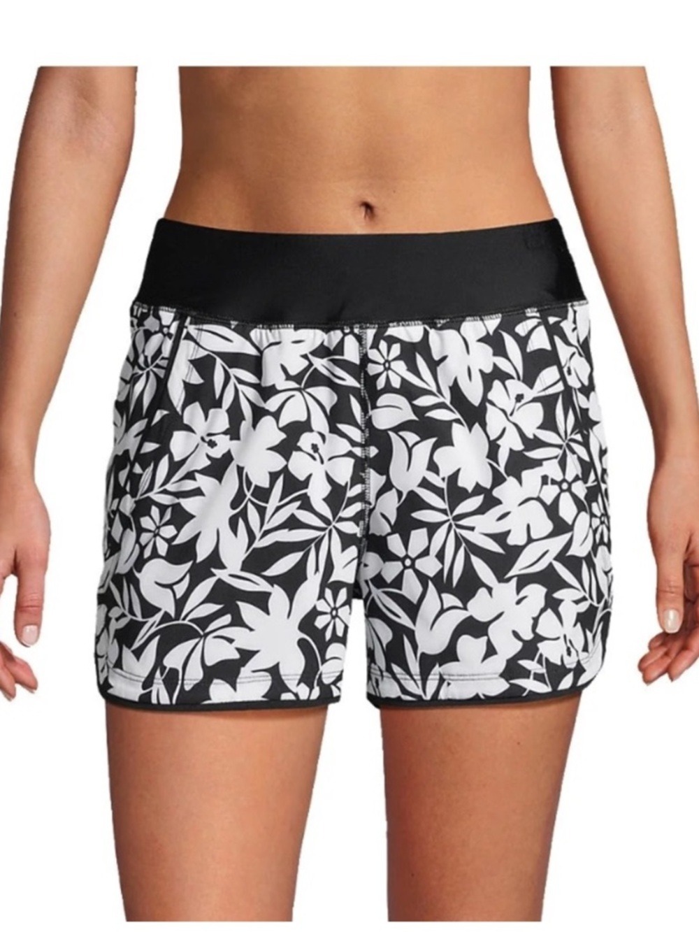 Lands’ End Women’s Quick Dry Swim board Shorts black white tropical print 18 - Picture 7 of 12